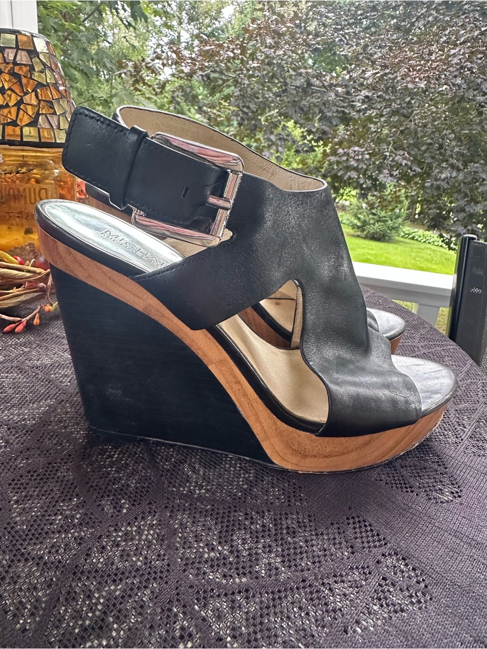 Michael Kors Josephine Black Leather Wedge Sandals with Silver Buckle Size 9